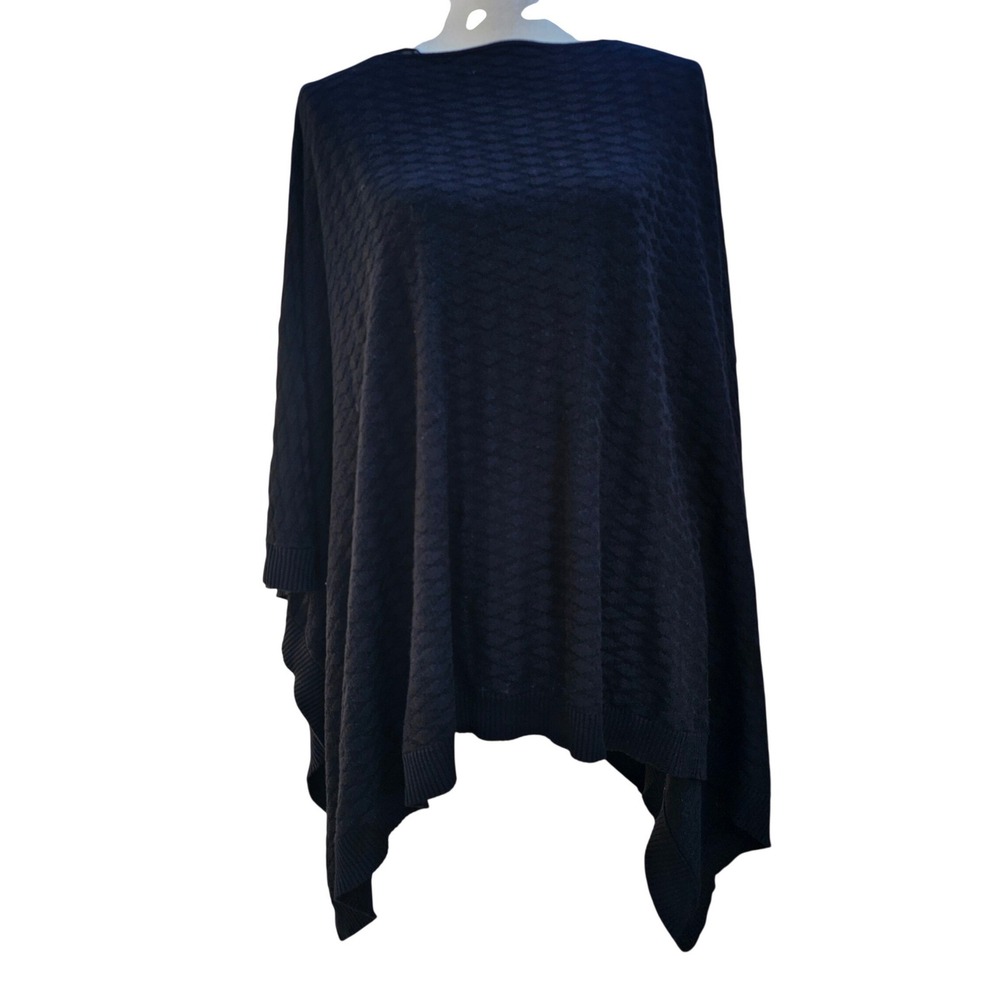 Black Textured Knit Poncho‎ Sweater Boat Neck Draped Wrap Cape One Size